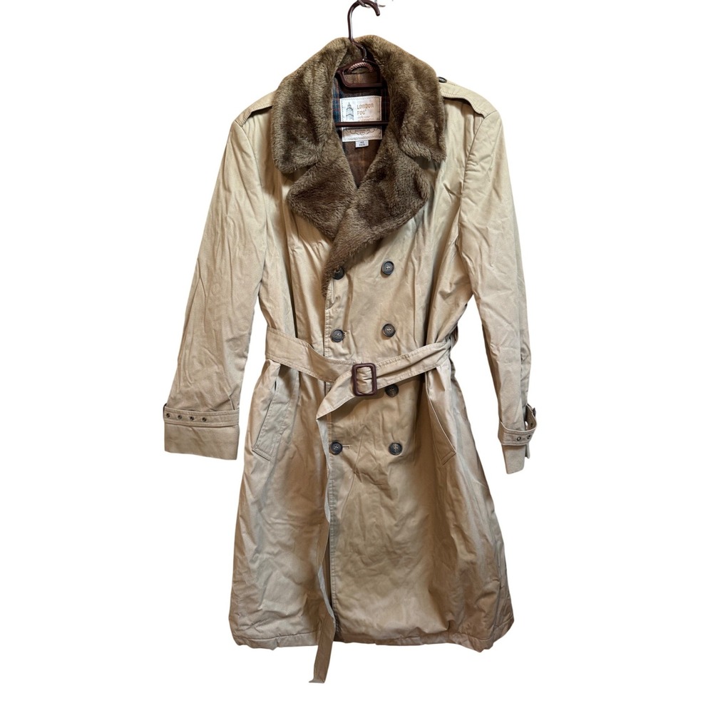 Vintage London Fog Mens Tan Trench Coat Faux Fur Collar Plaid Lining 40 Reg FLAW